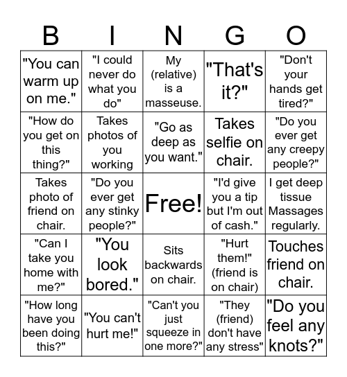 Chair Massage Bingo Card