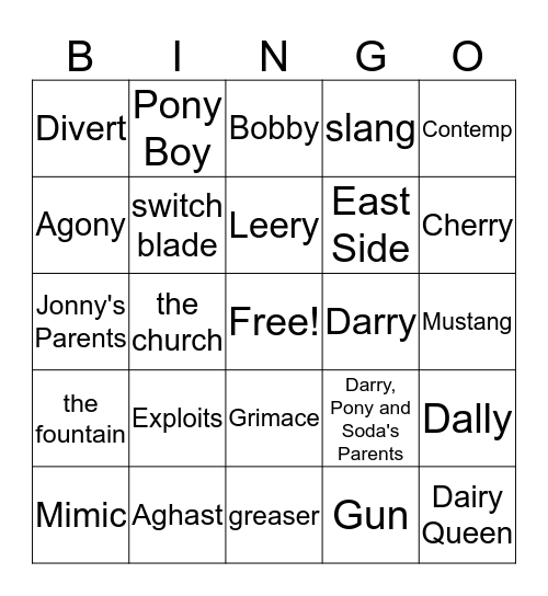 The Outsiders Bingo Card