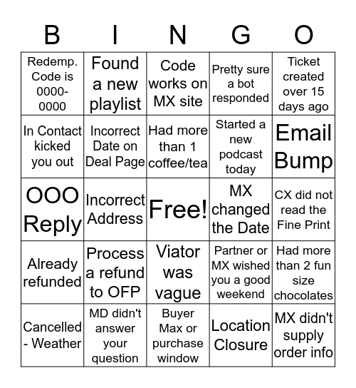 RT Bingo Card