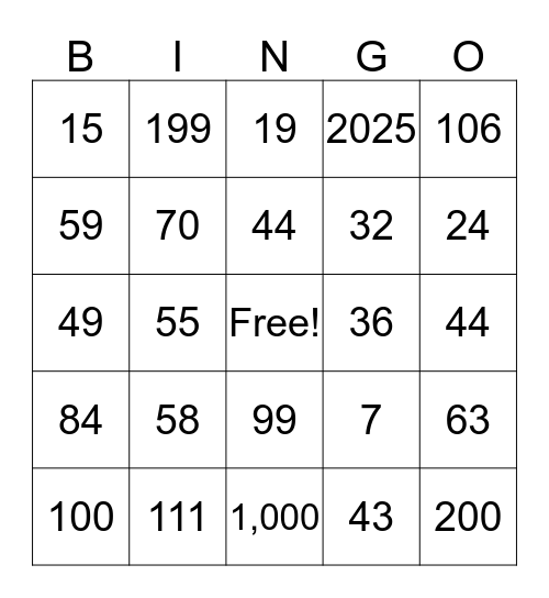 Cardinal Numbers Bingo Card