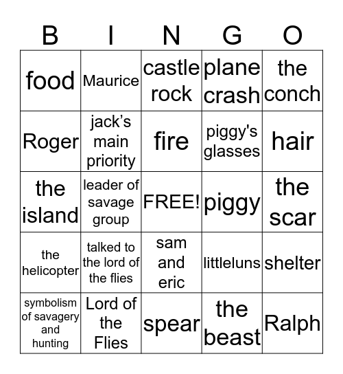 Lord of the Flies  Bingo Card