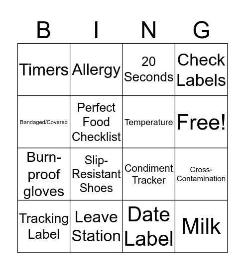 Food & Safety Bingo Card
