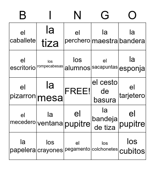 la clase de espanol Bingo Card