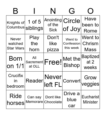 Confirmation Bingo Card