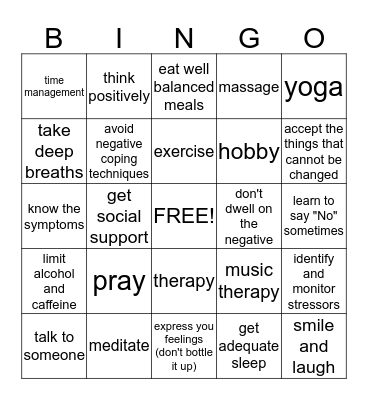 Stress Management  Bingo Card