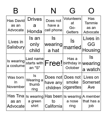 Go-Getters Harvest Bingo Card
