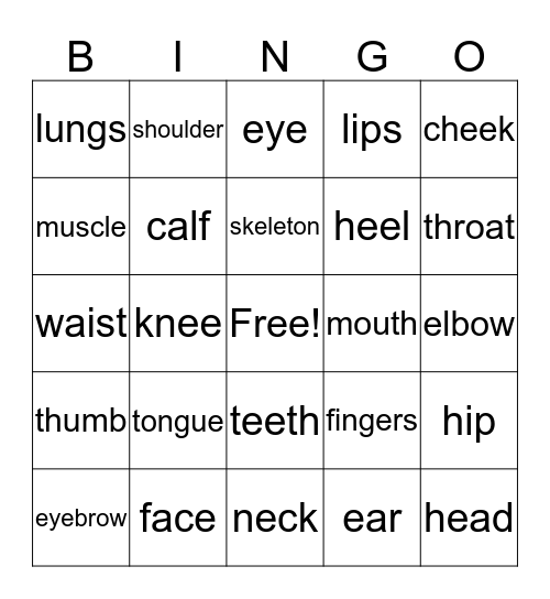 Parts of the Body Bingo Card