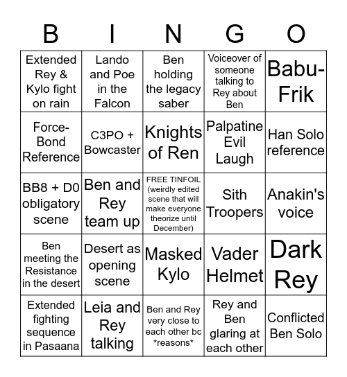 Episode IX Trailer Bingo (Tinfoil Hat ON) Bingo Card