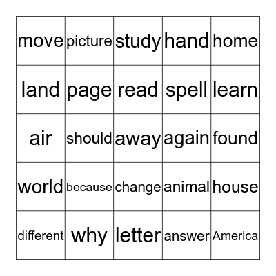 Sight Word Bingo Card