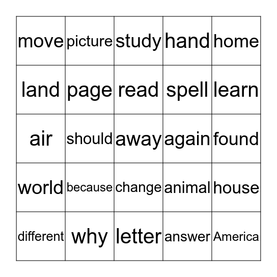 Sight Word Bingo Card