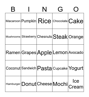 Food Bingo Card