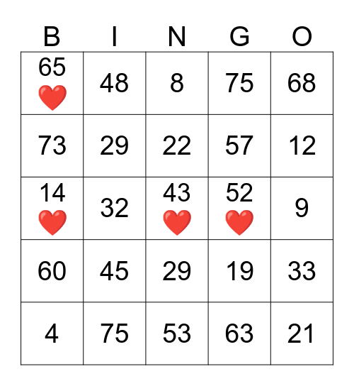 Hearts bingo Card