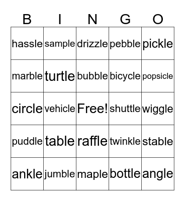 Consonant +le syllables Bingo Card
