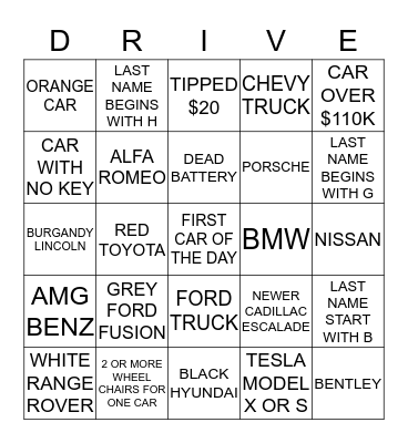 VALET BINGO -LEAD-  Bingo Card