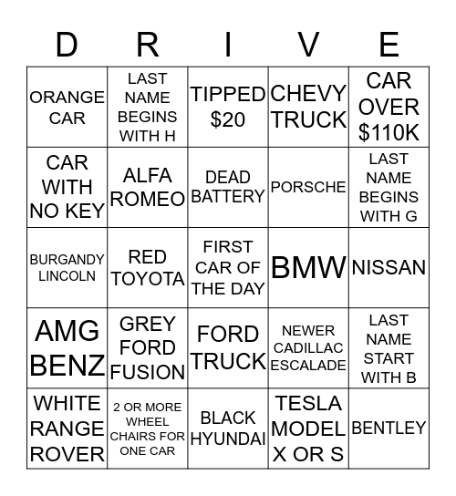 VALET BINGO -LEAD-  Bingo Card