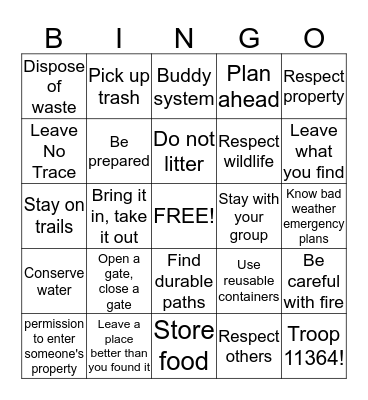 Outdoors Bingo Card