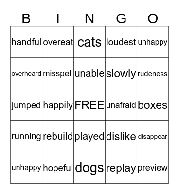 Prefix and Suffix Bingo Card