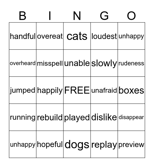 Prefix and Suffix Bingo Card