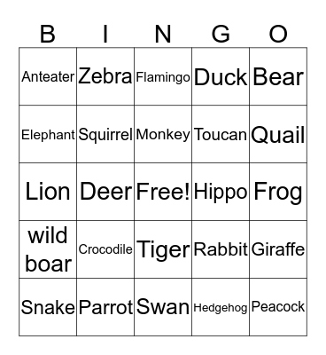 Zoo Animals Bingo Card