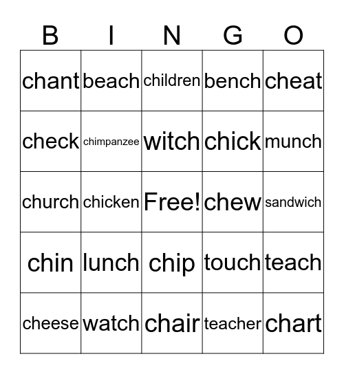 /ch/ Pronunciation Bingo Card