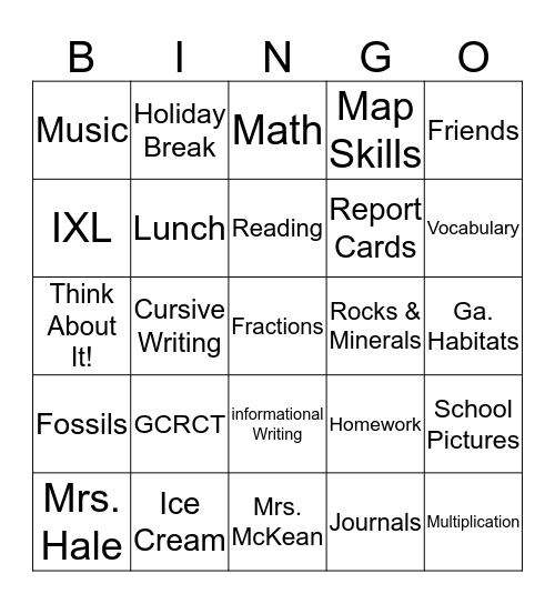 Third Grade Bingo Card