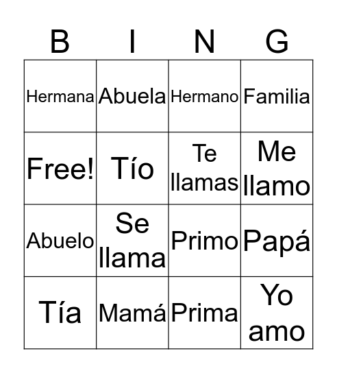 Mi Familia Bingo Card