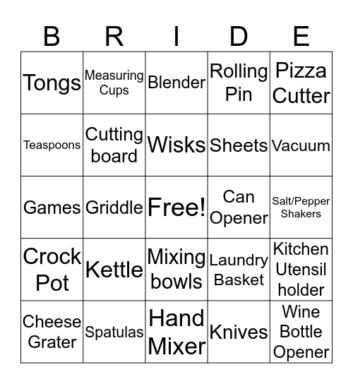 BRIDAL BINGO!! Bingo Card