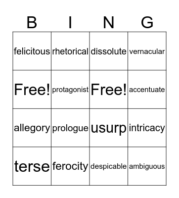 Vocabulary Bingo Card