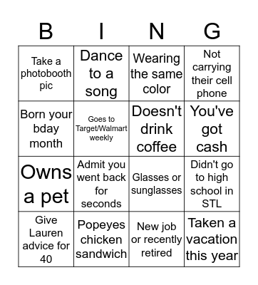 Lauren's Party Bingo Card