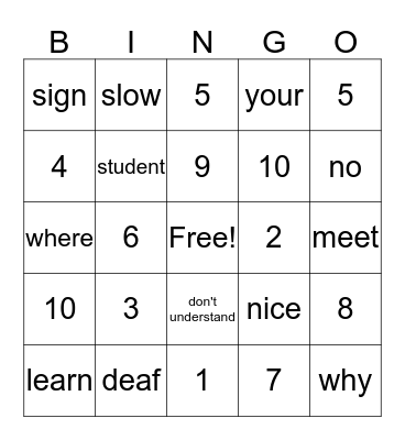 ASL Lesson One Bingo Card
