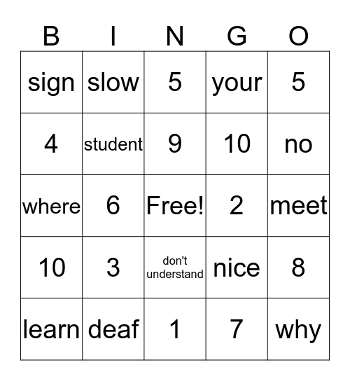 ASL Lesson One Bingo Card