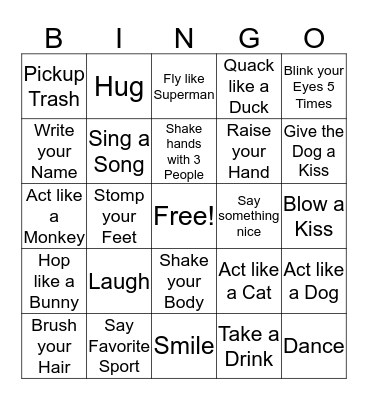 Action/Scavenger Hunt Bingo Card