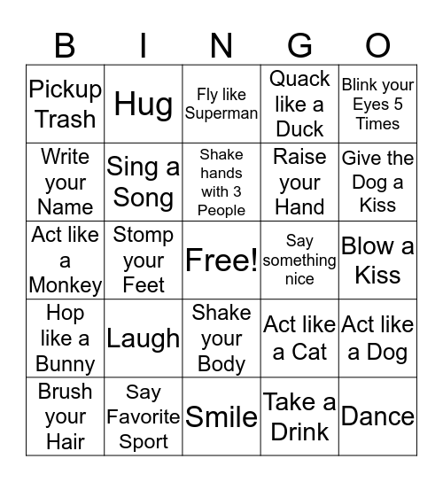 Action/Scavenger Hunt Bingo Card