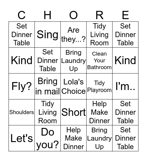 Lola's Chore Bingo Card