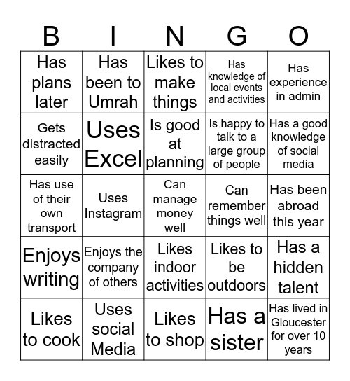 Getting to know you Bingo Card