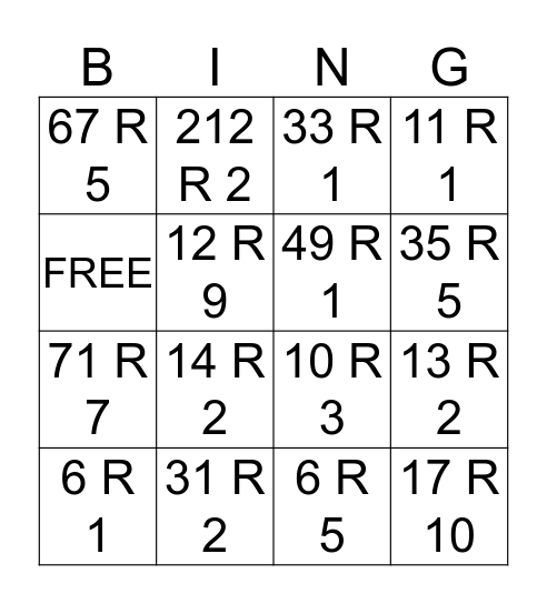 Division Bingo With Remainders Bingo Card