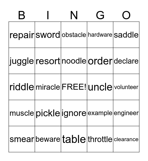Spelling Bingo Card