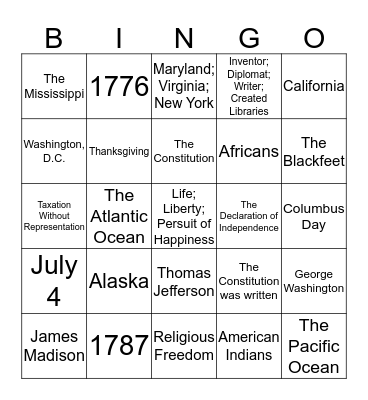 Civics for Citizenship - Mid-Fall 2019 Bingo Card