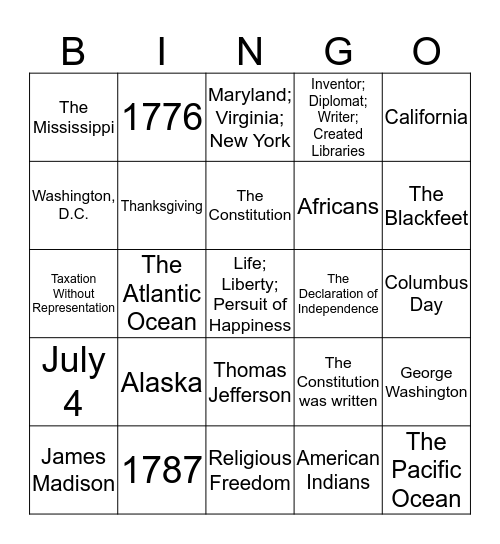 Civics for Citizenship - Mid-Fall 2019 Bingo Card