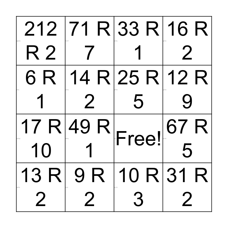 Division Bingo With Remainders Bingo Card