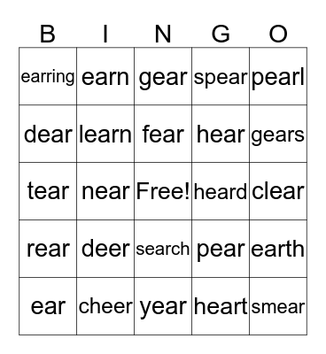 ear/eer Bingo Card