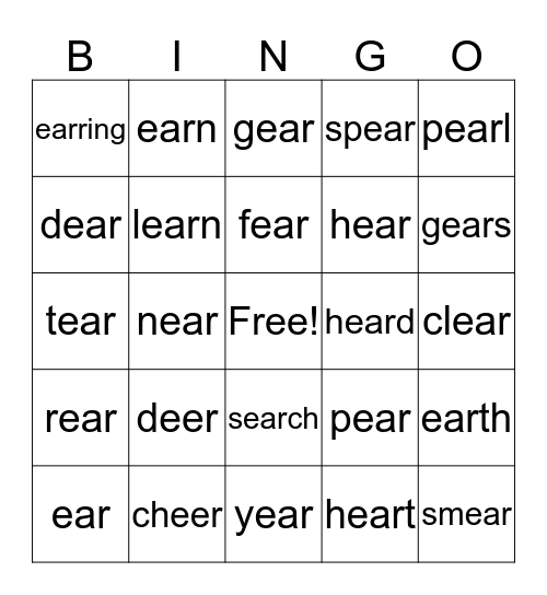 ear/eer Bingo Card