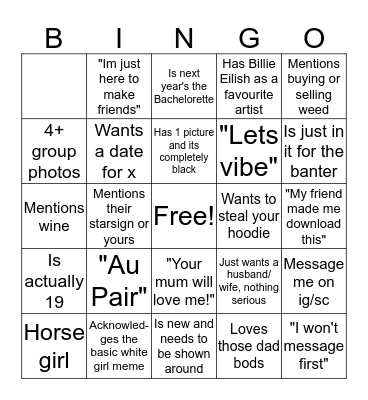 Basic white girl tinder bingo Card