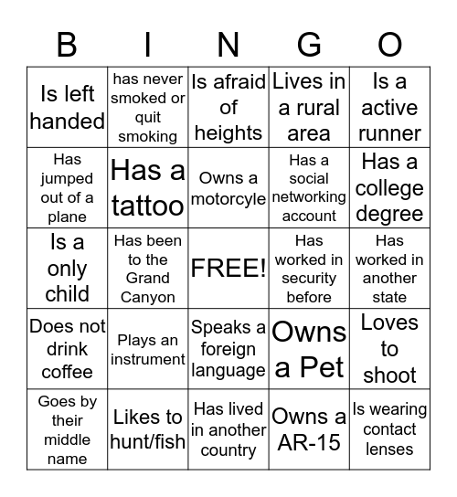 New Hire Bingo Card