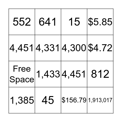 4 Math - Multi-digit subtraction Bingo Card