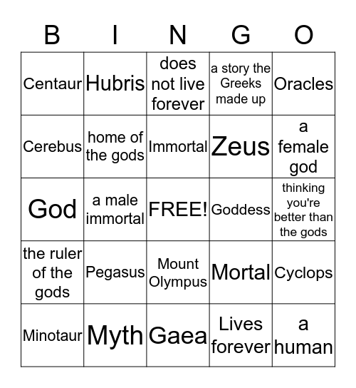 Mythology Bingo Card