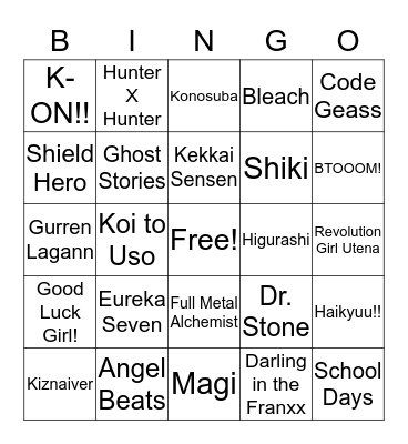 Anime Music Bingo Card