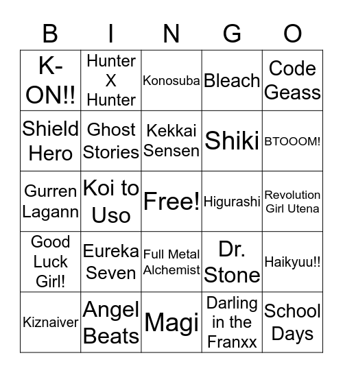 Anime Music Bingo Card