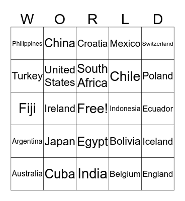 Around the World Bingo Card