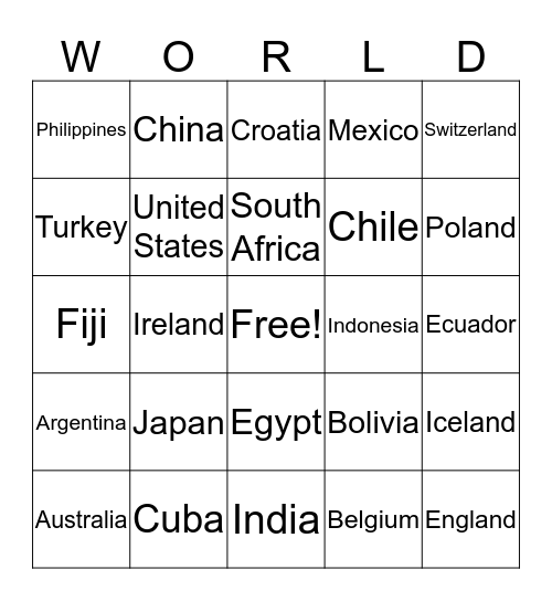 Around the World Bingo Card